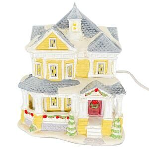 Ceramic Christmas Village House Decoration Yellow House Victorian Lighted Snow